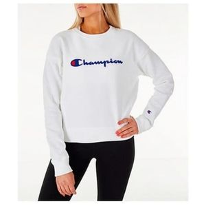 Champion Reverse Weave Chenille Script Sweatshirt White Size Medium